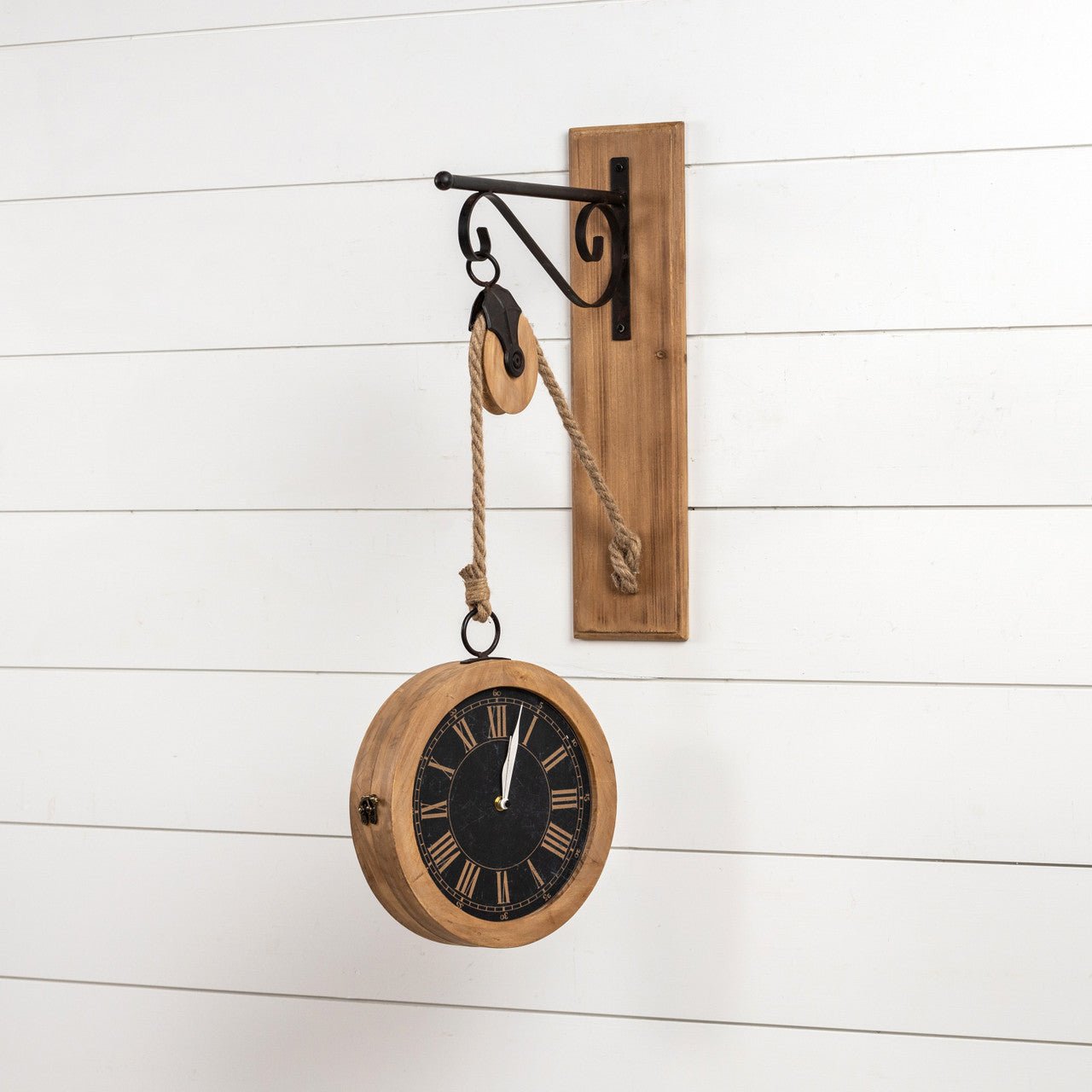 Primitive Ragon House Wooden Wall Mounted Pulley with Clock - The Primitive Pineapple Collection