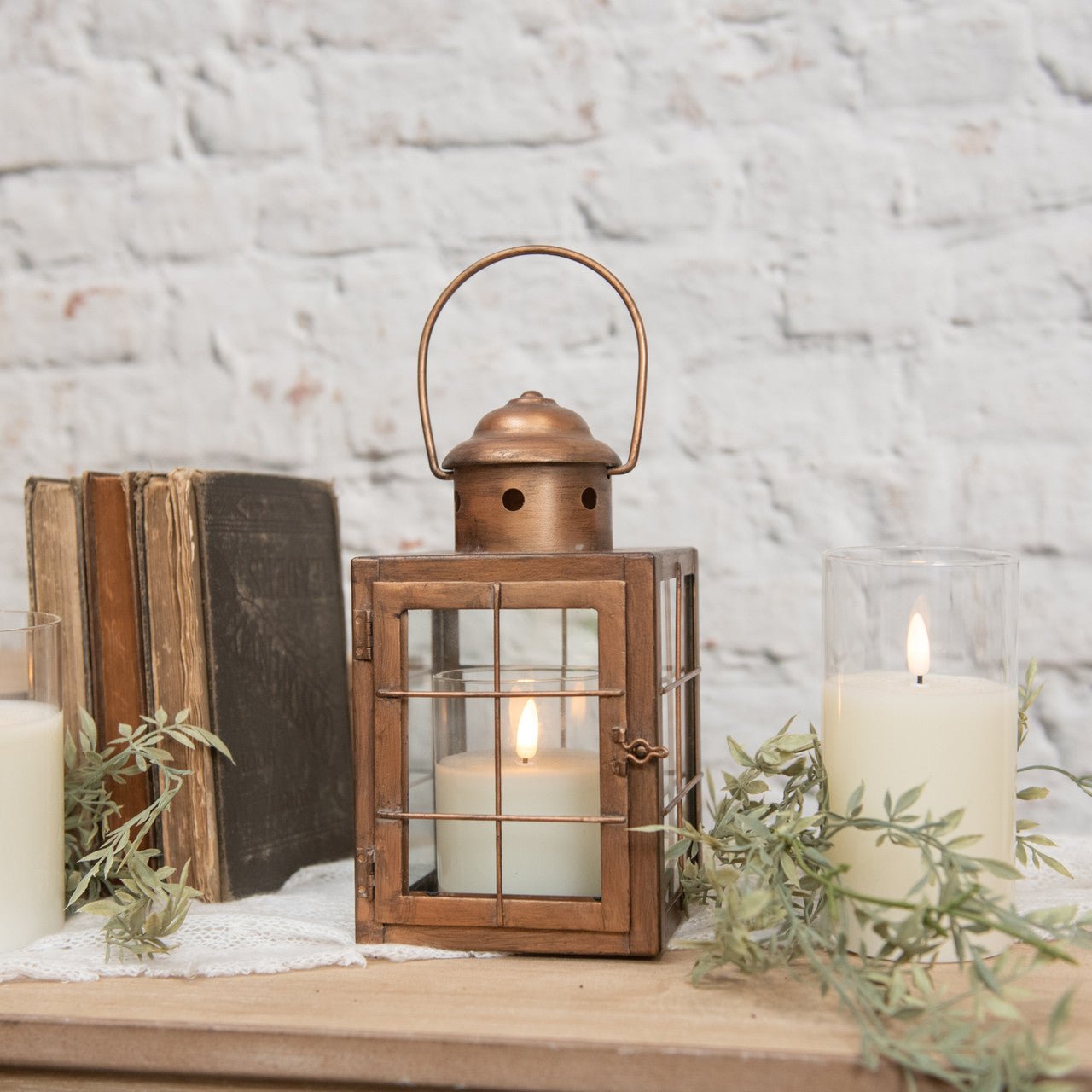 Primitive Farmhouse Ragon House 8.75" Gold Pillar Candle Lantern - The Primitive Pineapple Collection