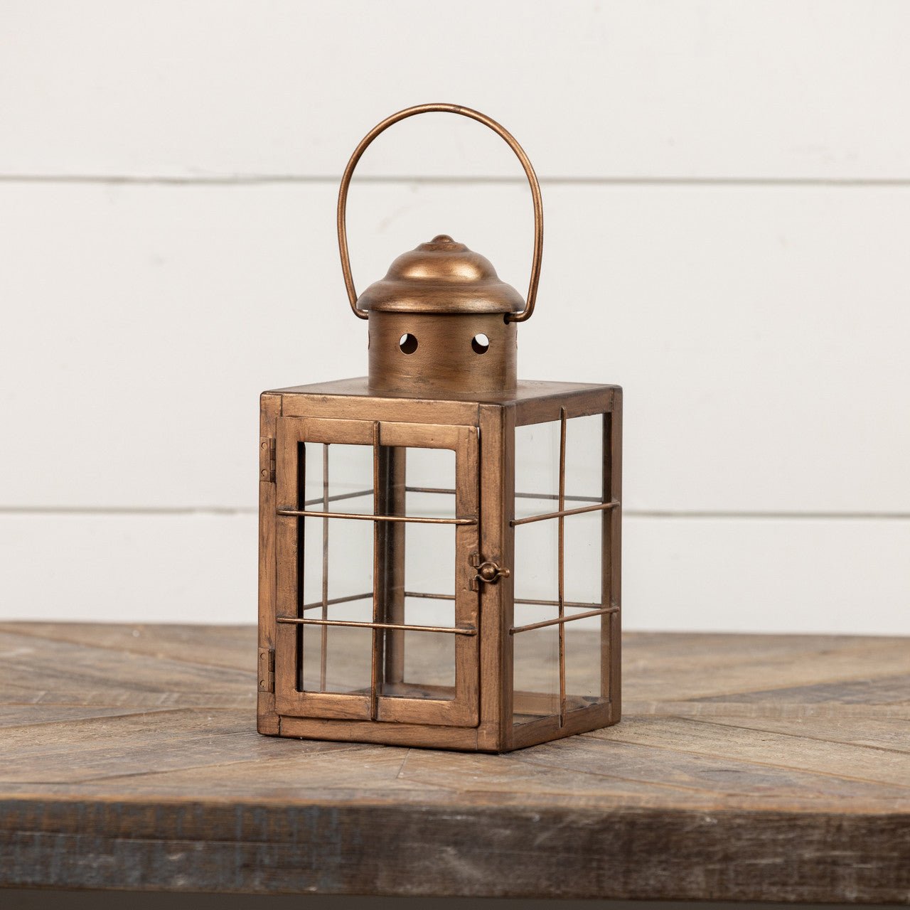Primitive Farmhouse Ragon House 8.75" Gold Pillar Candle Lantern - The Primitive Pineapple Collection