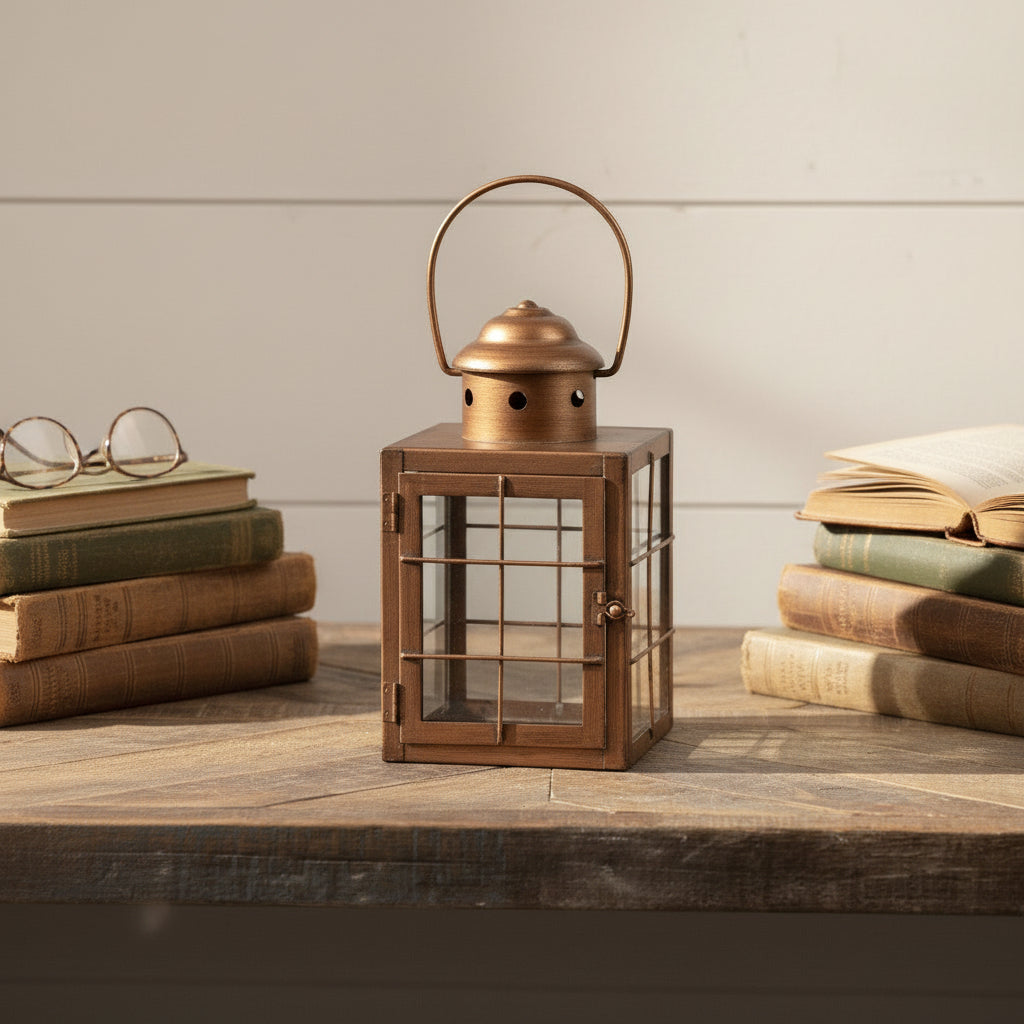 Primitive Farmhouse Ragon House 8.75" Gold Pillar Candle Lantern - The Primitive Pineapple Collection