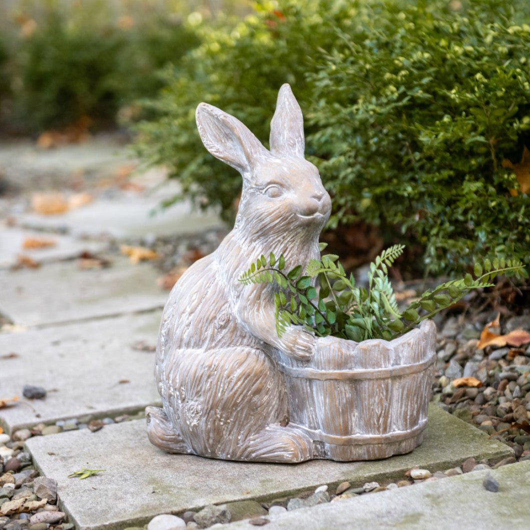 Primitive Ragon House Vintage Look 14" Bunny w/ Basket Statue - The Primitive Pineapple Collection