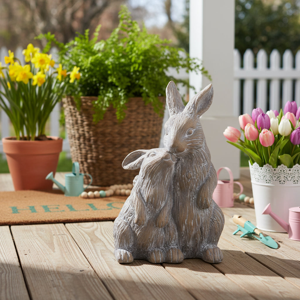 Primitive Ragon House Spring Easter Vintage Look 14"Snuggling Bunnies Statue - The Primitive Pineapple Collection