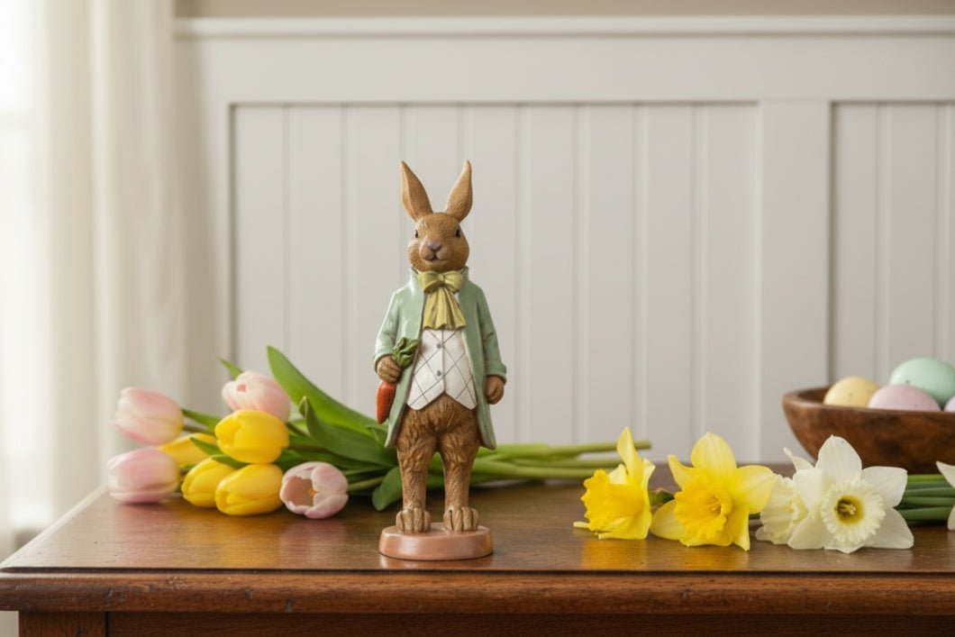 Primitive Ragon House Spring Easter 9.5" Vintage Look Bunny w/ Carrot Figurine - The Primitive Pineapple Collection