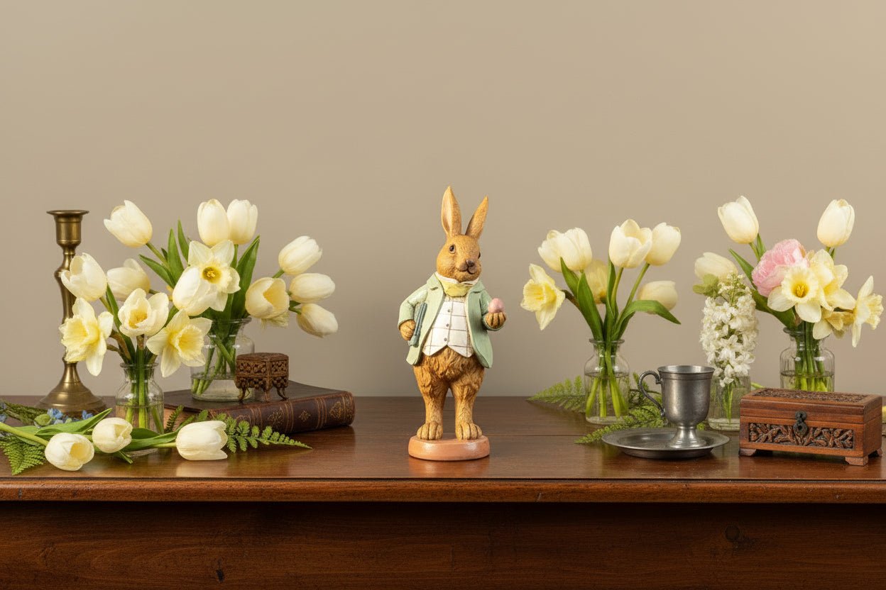 Primitive Ragon House Spring Easter 7.75" Dapper Bunny with Egg Figurine - The Primitive Pineapple Collection