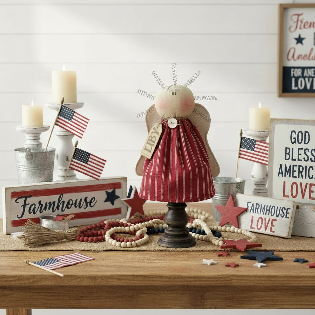 Honey and Me Farmhouse Libby the Americana Angel Doll on Small Spindle - The Primitive Pineapple Collection
