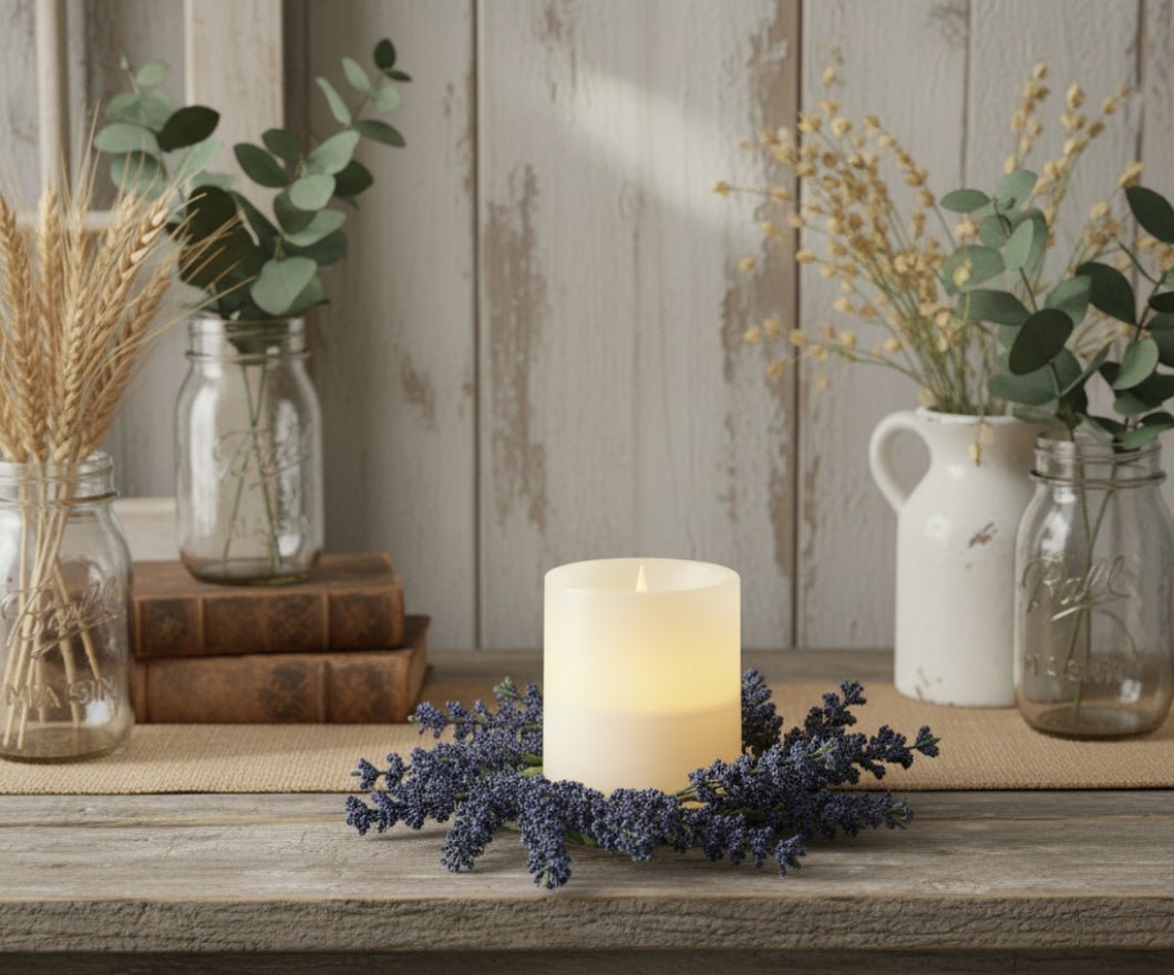 Blue Astilbe Floral Candle Ring - 3" Farmhouse Spring Mini Wreath - The Primitive Pineapple Collection