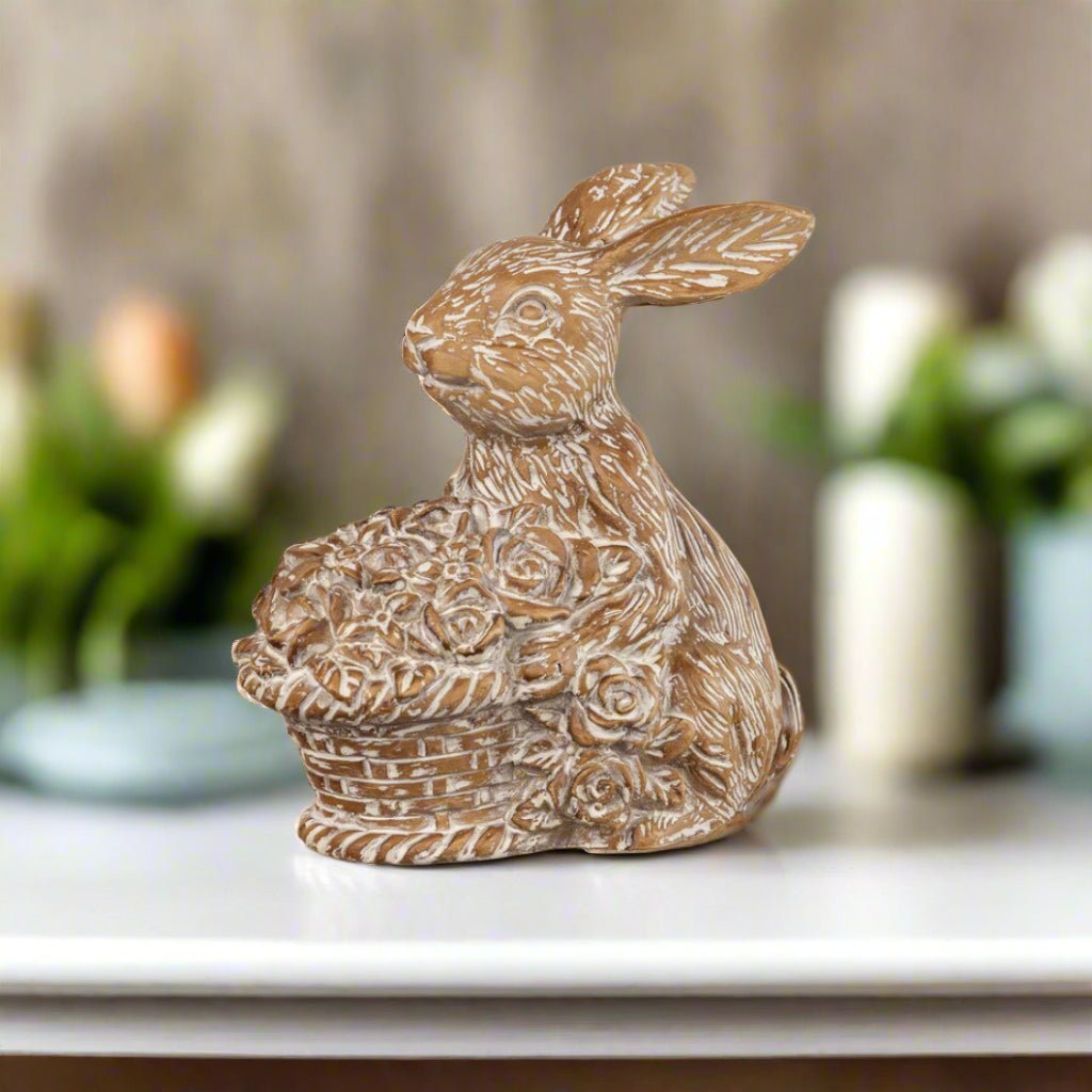Primitive Ragon House Spring 5.75" Bunny with Basket Figurine - The Primitive Pineapple Collection