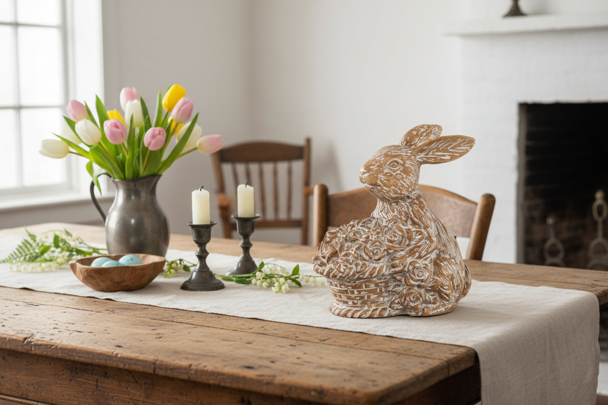 Primitive Ragon House Spring 5.75" Bunny with Basket Figurine - The Primitive Pineapple Collection