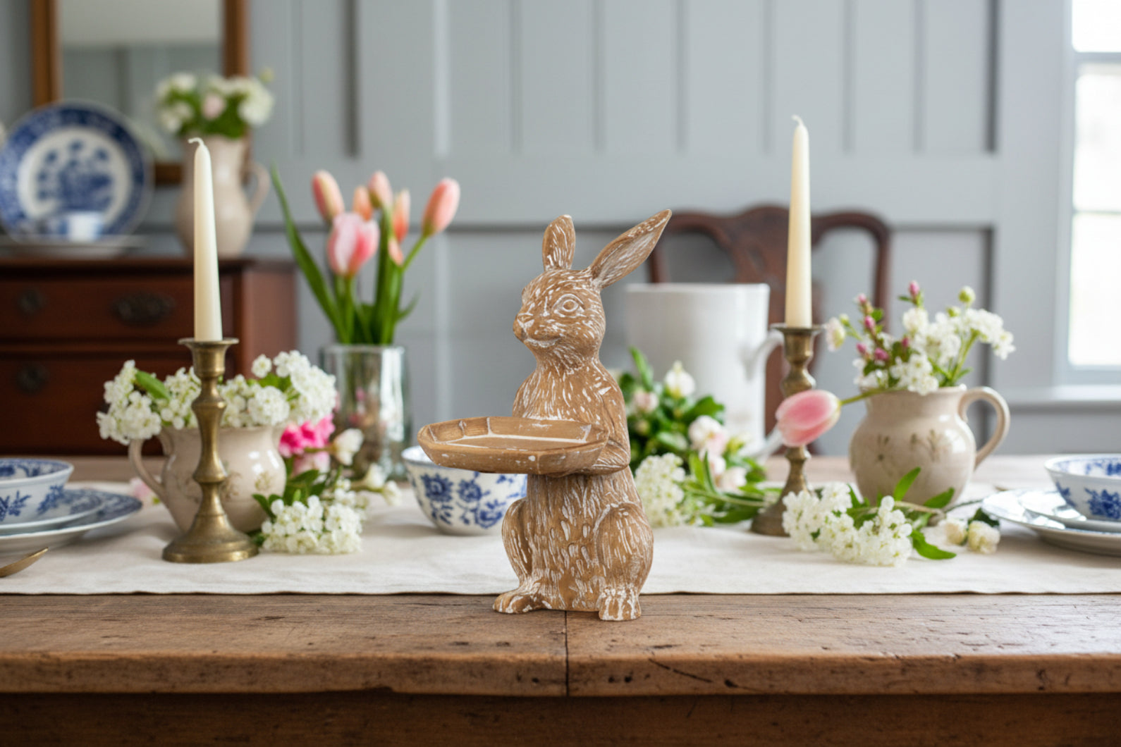 Primitive Ragon House Spring 7.75" Bunny with Tray Figurine - The Primitive Pineapple Collection