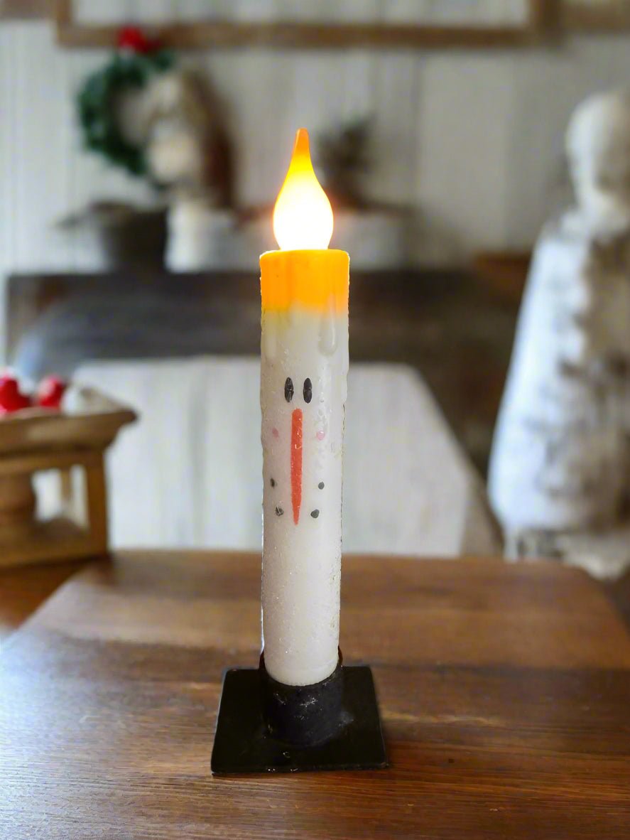 Primitive Handcrafted 7” Diamond Dust Snowman Led Timer Taper Candle - The Primitive Pineapple Collection