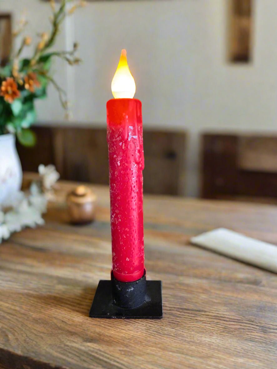 Primitive Handcrafted 7” Diamond Dust Red Led Timer Taper Candle - The Primitive Pineapple Collection