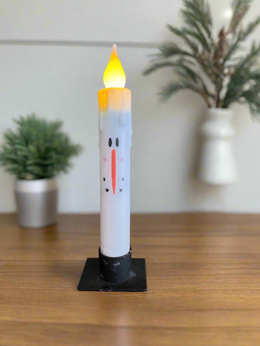 Primitive Handcrafted 7” Snowman Led Timer Taper Candle - The Primitive Pineapple Collection