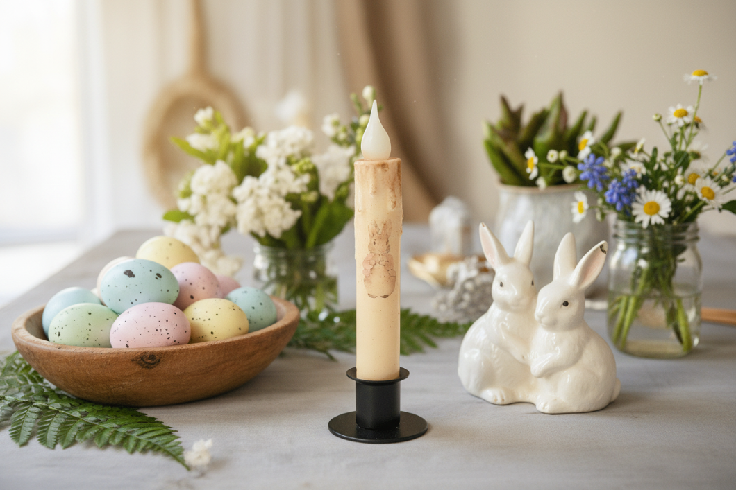 Primitive Handcrafted Spring Summer 7" Mr Rabbit Led Timer Taper Candle - The Primitive Pineapple Collection