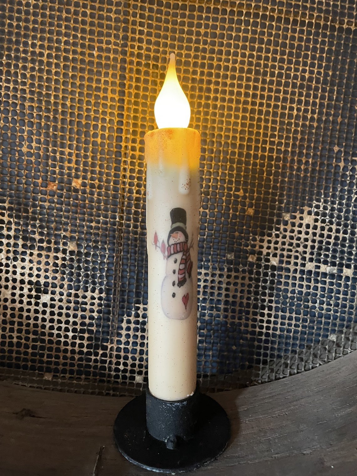 Primitive Handcrafted Christmas 7" Snowman Led Timer Taper Candle - The Primitive Pineapple Collection