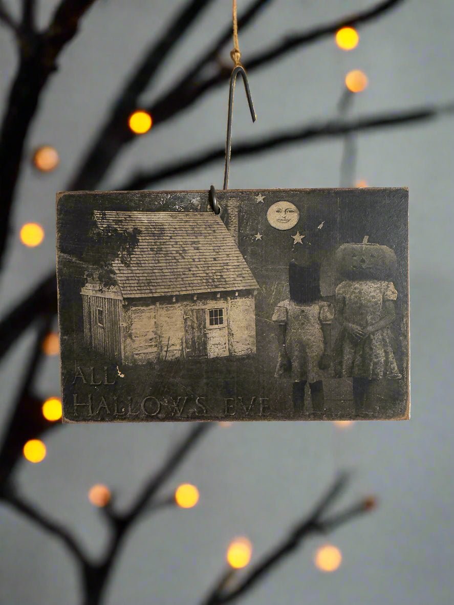 Primitive/Farmhouse 5” Halloween Creepy Kids w/ Moon Wood Ornie Vintage Look - The Primitive Pineapple Collection