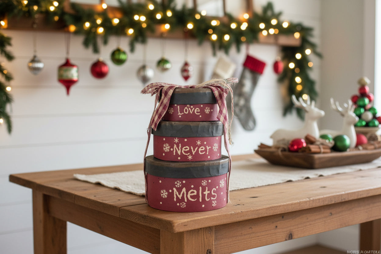 Primitive Farmhouse Stacked Love Never Melts Shaker Box Ornament 4"x3" - The Primitive Pineapple Collection