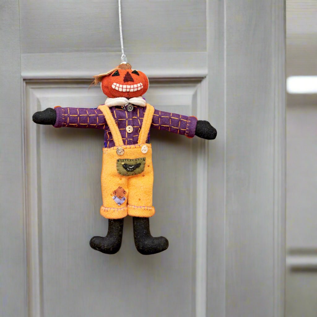 Primitive Halloween Penny Lane Wool Pumpkin Man in Overalls Ornament 9.5" - The Primitive Pineapple Collection