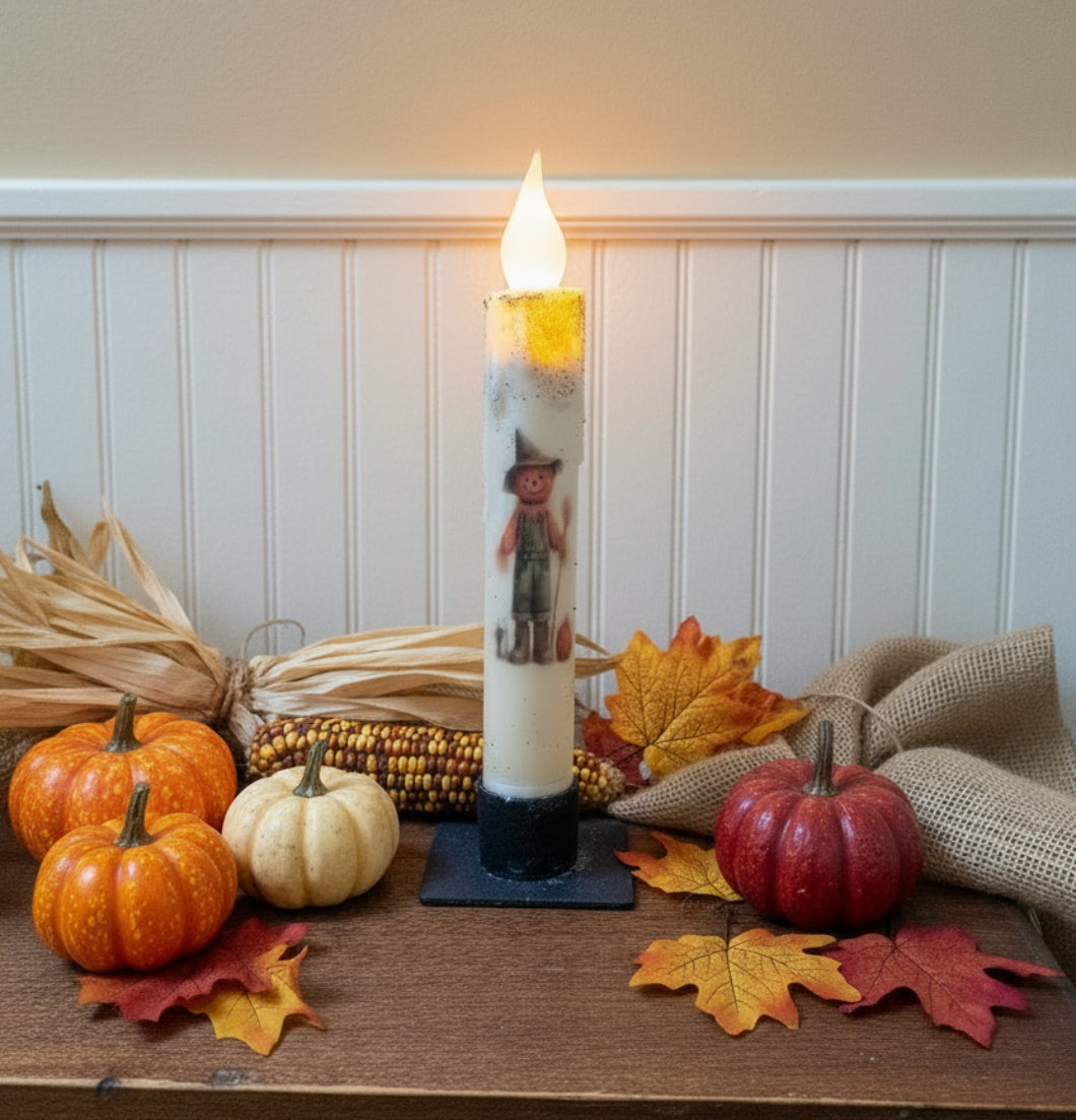 Primitive Handcrafted Pumpkin Head Scarecrow Flicker LED Timer Taper Candle