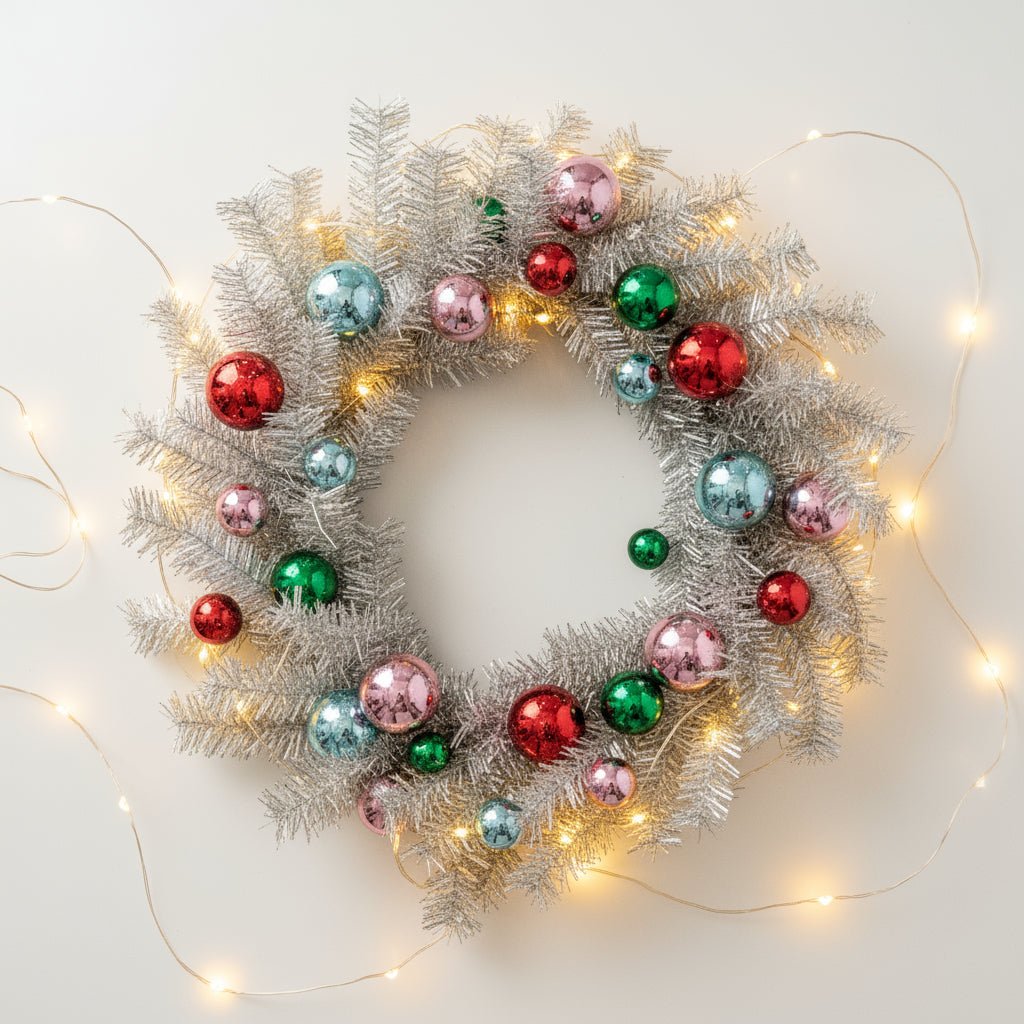 Retro Look Christmas 24" Platinum Tinsel & Bauble Wreath - The Primitive Pineapple Collection