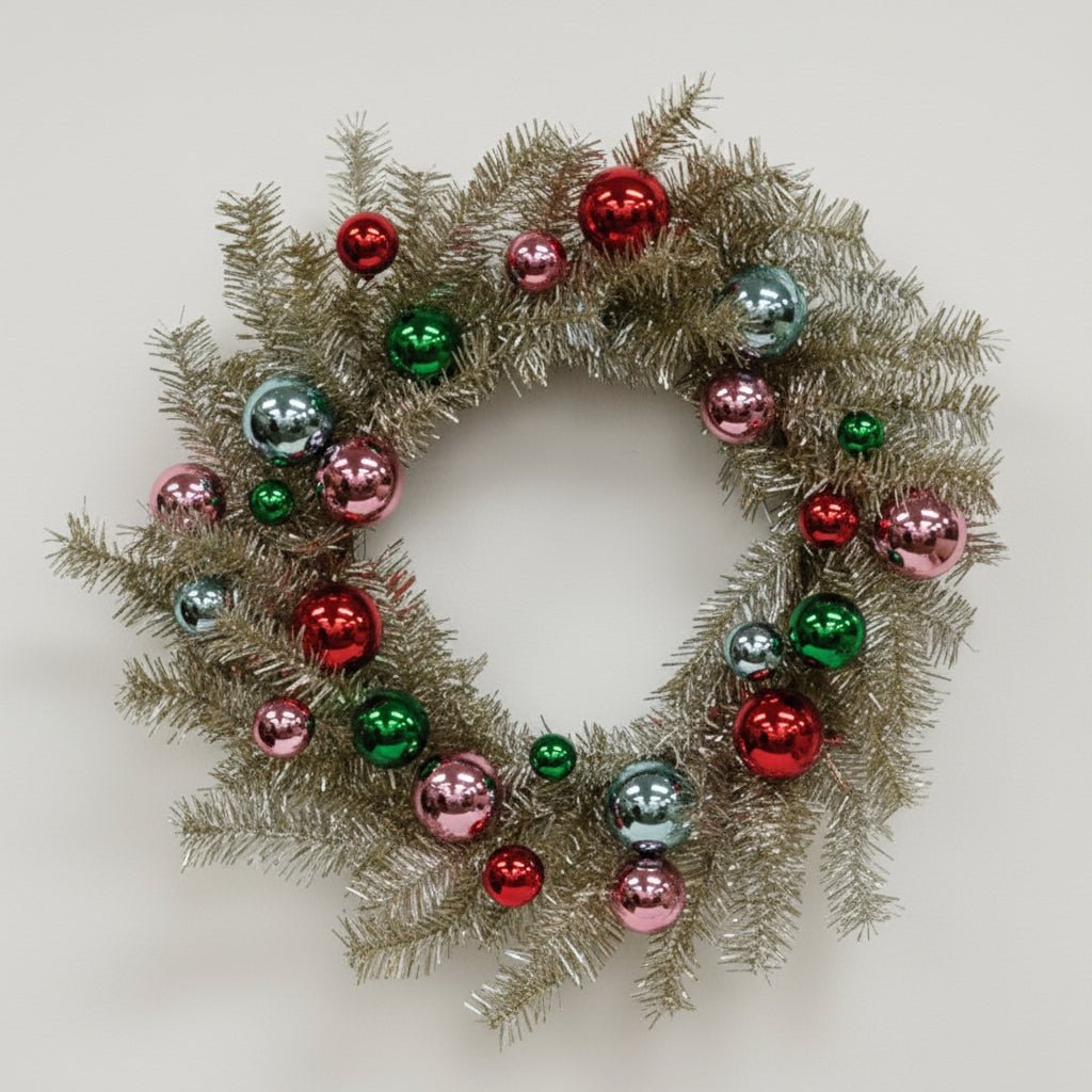 Retro Look Christmas 24" Platinum Tinsel & Bauble Wreath - The Primitive Pineapple Collection