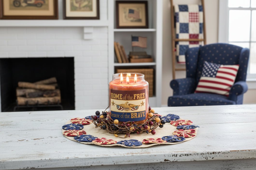 Americana Canvas Candle Mat (13") - Primitive Patriotic Table Decor with Star Pinwheels - The Primitive Pineapple Collection