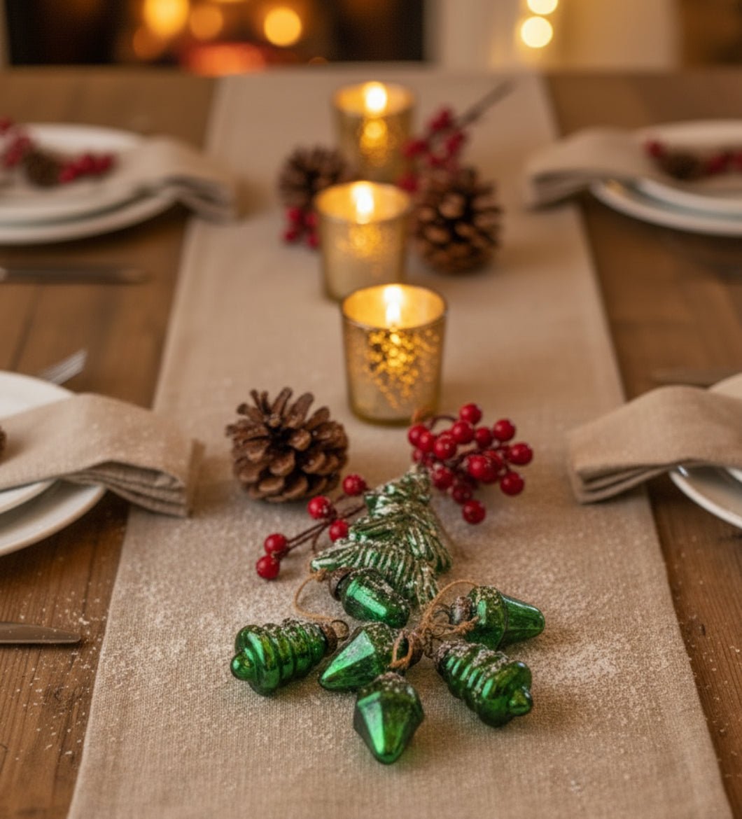 Farmhouse Christmas Festive Tree + Acorn Cluster Green Glass Ornaments - The Primitive Pineapple Collection