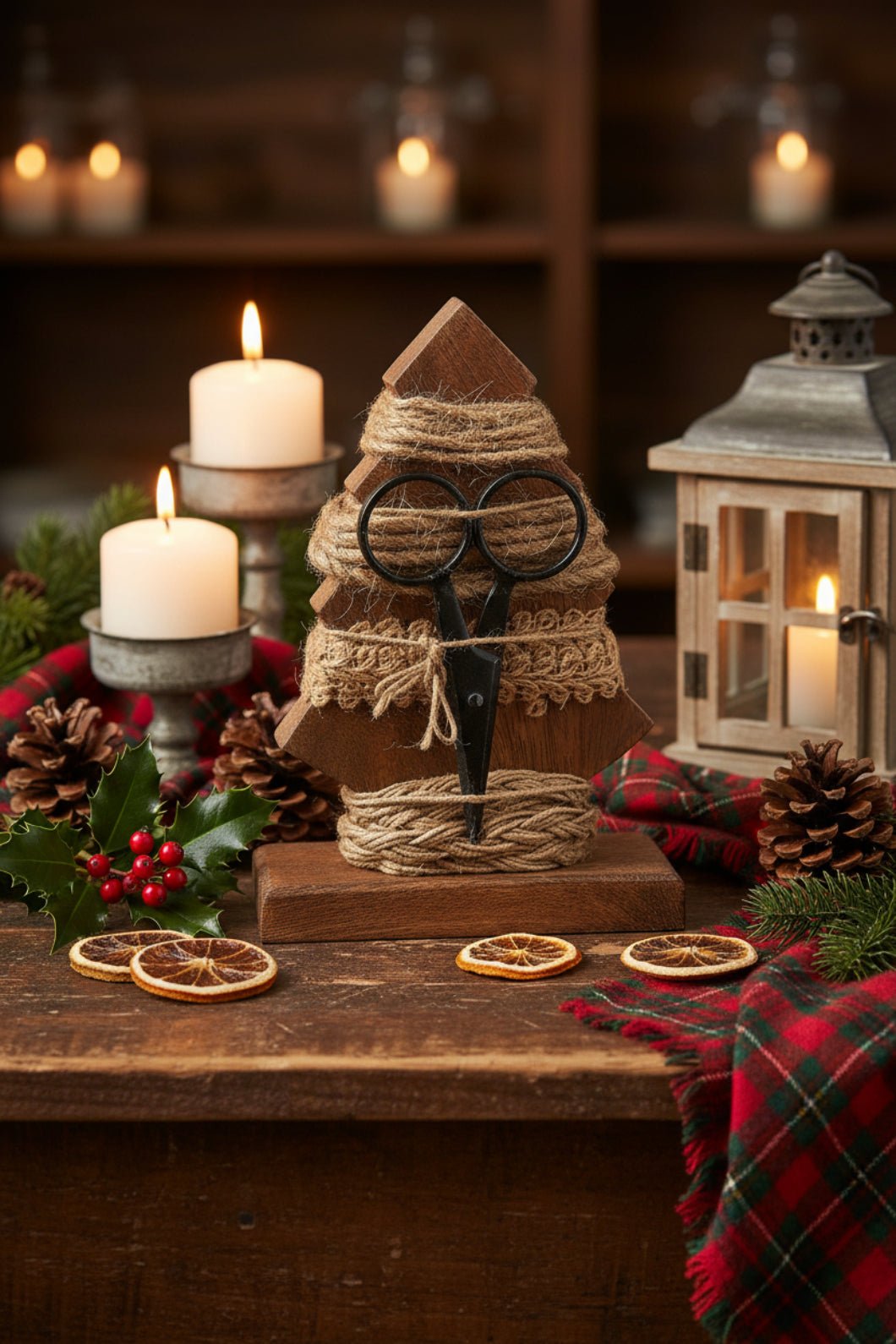 Primitive Natural Wood Tree w/ Ribbon & Scissor Christmas - The Primitive Pineapple Collection