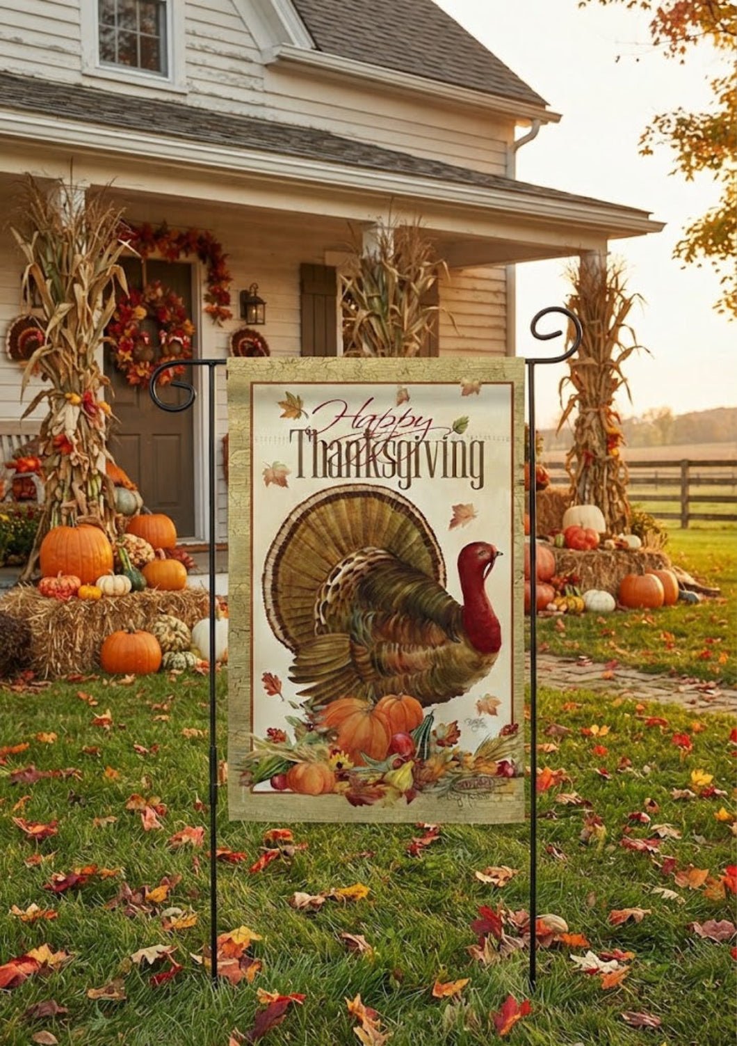 Farmhouse Happy Thanksgiving Turkey Fall Decor Flag - The Primitive Pineapple Collection