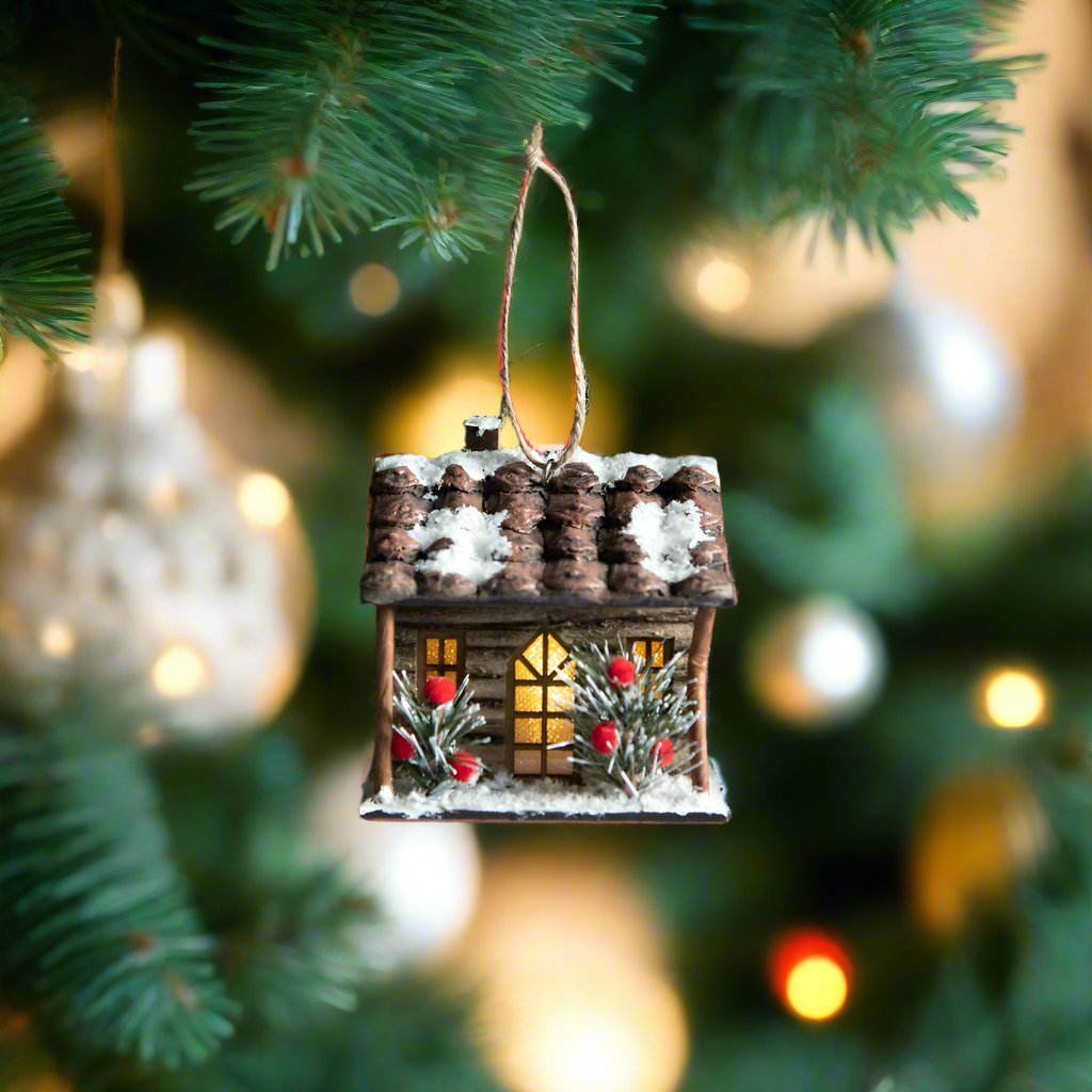 Christmas Ragon House Light Up Wright Log Cabin Ornament 3.5" - The Primitive Pineapple Collection