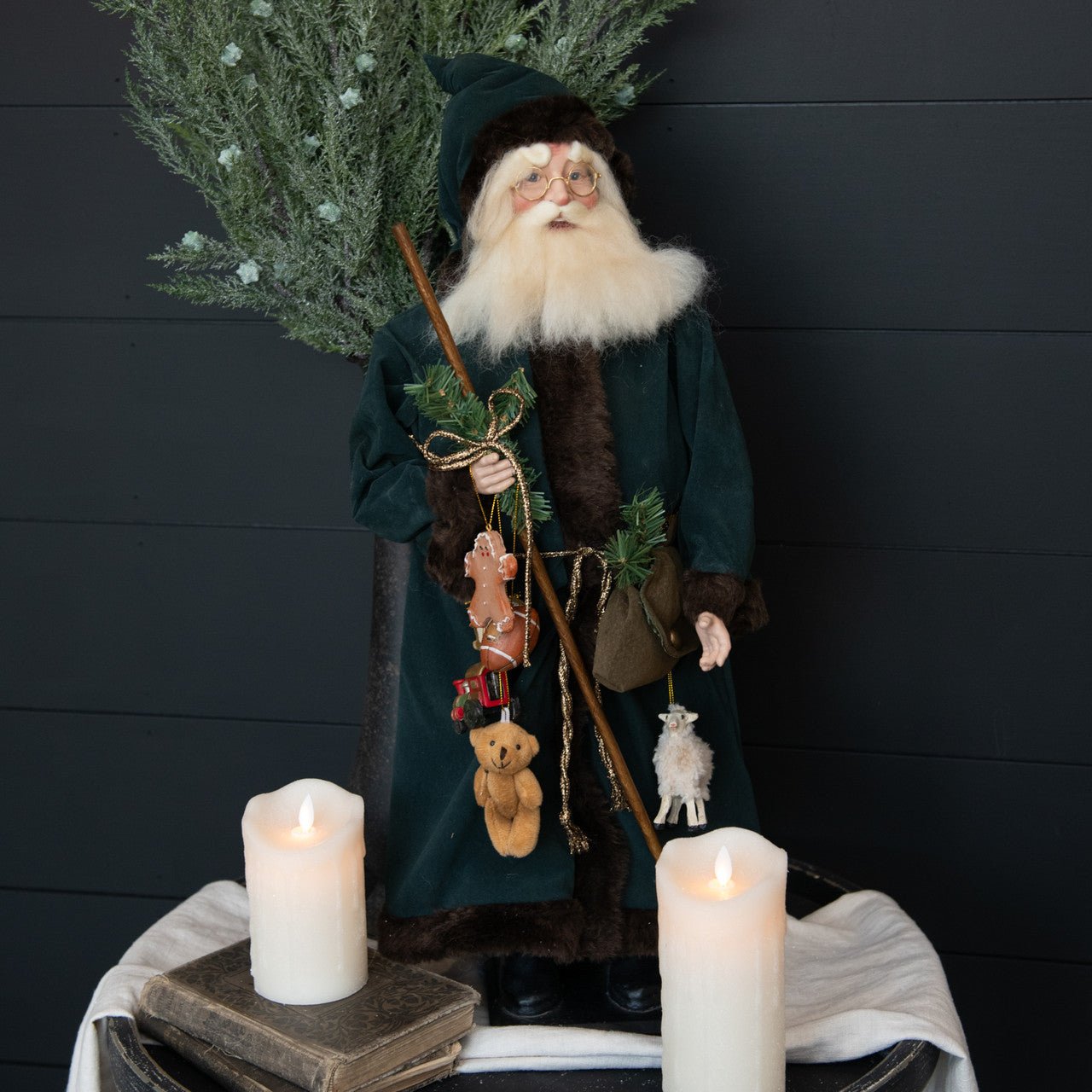 Ragon House 26” Vintage Looking Santa w/ Green Robe and Teddy Bear - The Primitive Pineapple Collection