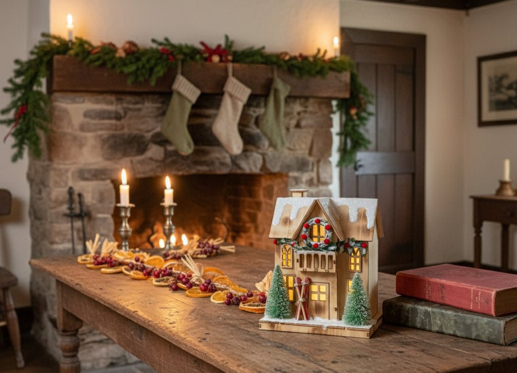 Ragon House Christmas 8" Snowy Lighted Wood Ski House w/ Wreath - The Primitive Pineapple Collection