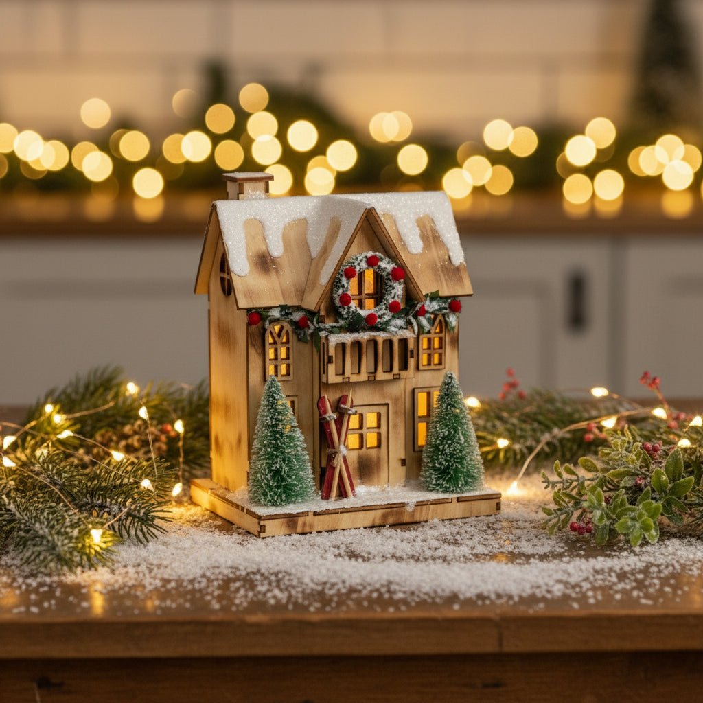 Ragon House Christmas 8" Snowy Lighted Wood Ski House w/ Wreath - The Primitive Pineapple Collection