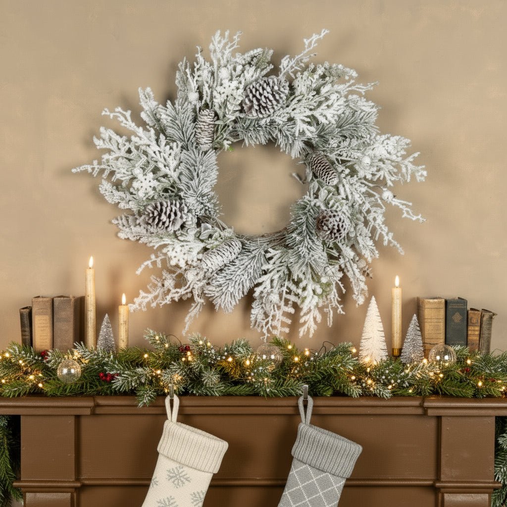 Christmas Ragon House 24"Snowy Pine w/ Pinecones and Bells Wreath - The Primitive Pineapple Collection