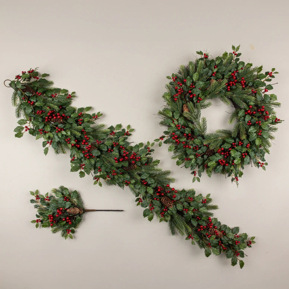 Christmas Ragon House 5 FT Holly Pine w/ Red Berry Garland