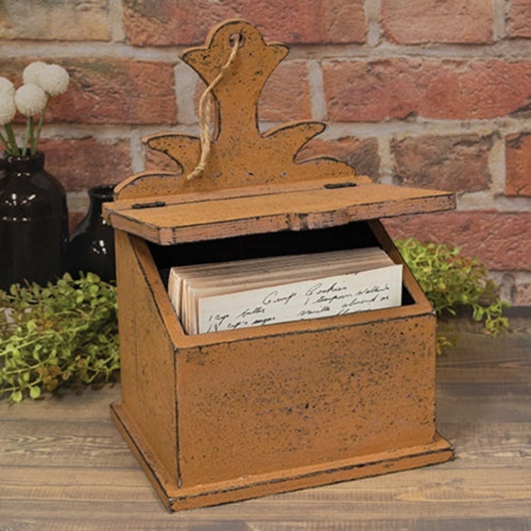 Primitive Distressed Aged Wood Distressed Wooden Mustard Pineapple Top Recipe Box - The Primitive Pineapple Collection