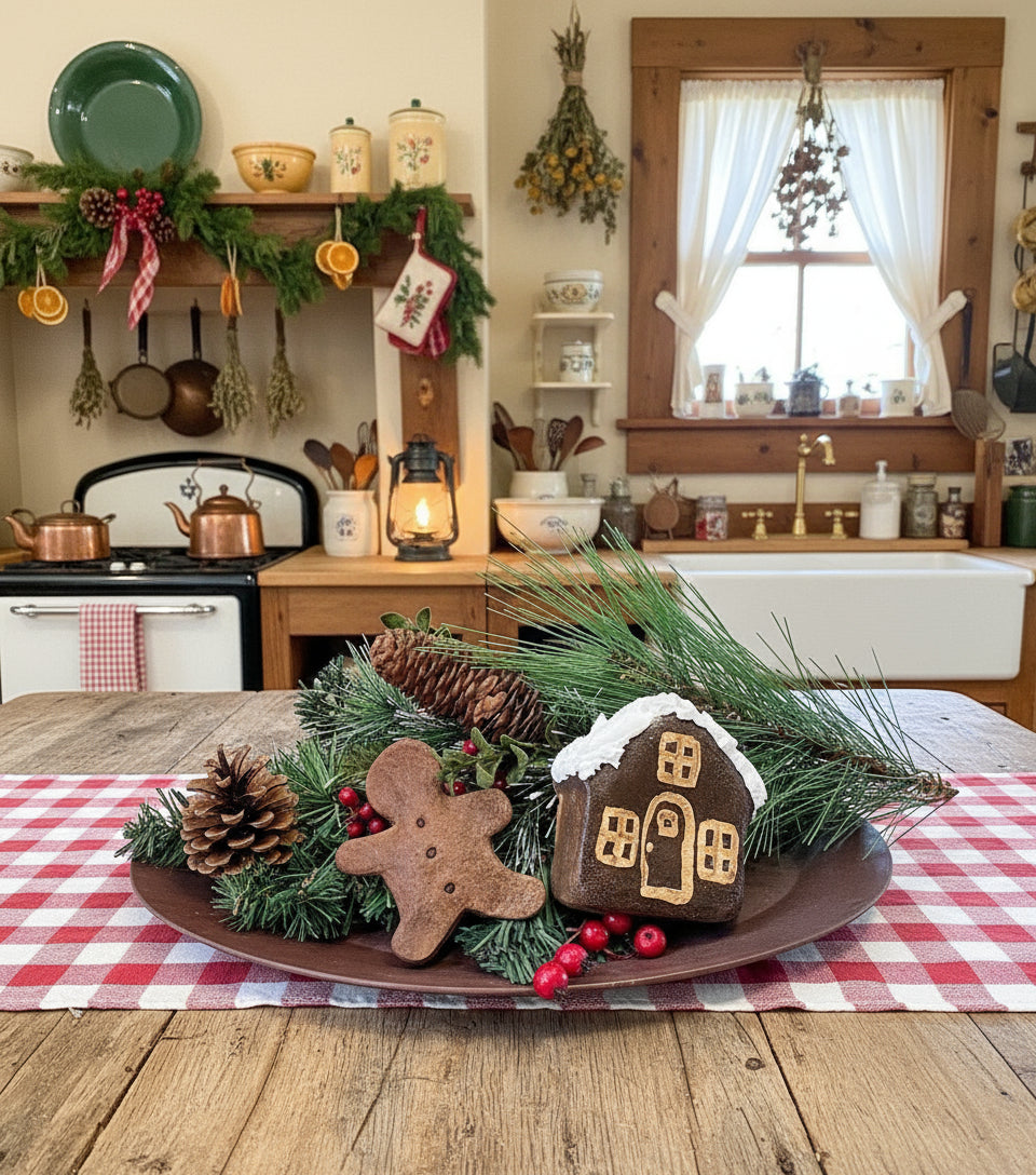 Primitive Christmas Gingerbread Man w/Frosted Gingerbread House Pantry Cake - The Primitive Pineapple Collection
