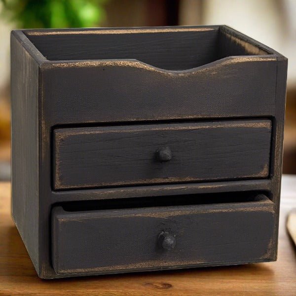 Primitive Handcrafted Distressed Black 2 Drawer Counter Cubby Keeping Box - The Primitive Pineapple Collection