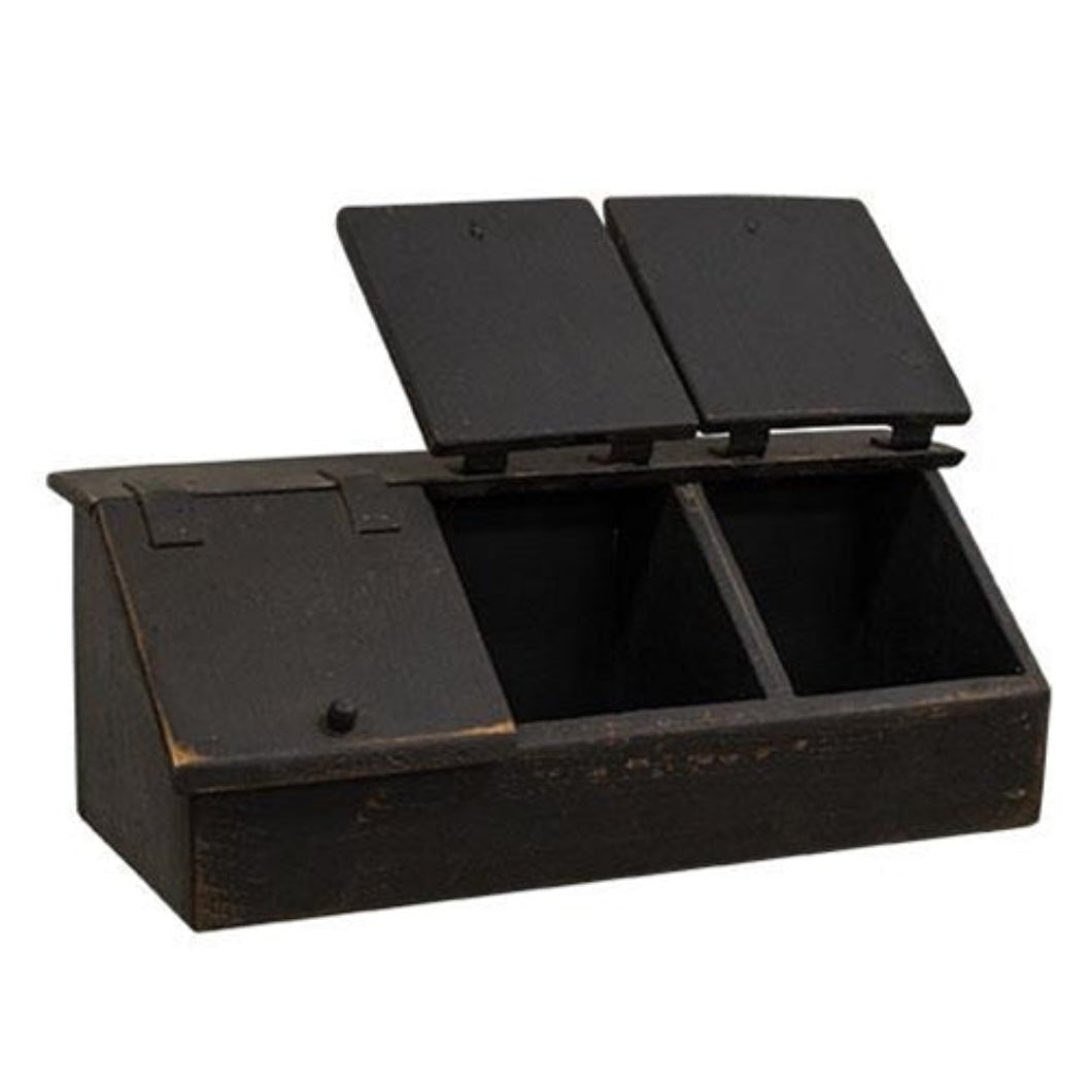 Primitive Handcrafted Distressed Black Aged Wood Three Bin Cubby With Doors - The Primitive Pineapple Collection