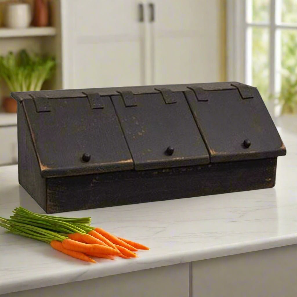 Primitive Handcrafted Distressed Black Aged Wood Three Bin Cubby With Doors - The Primitive Pineapple Collection