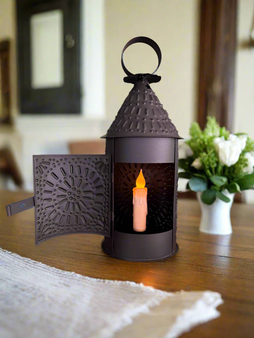 Primitive Early American Paul Revere Black Punch Tin Lantern 14” Taper Holder - The Primitive Pineapple Collection