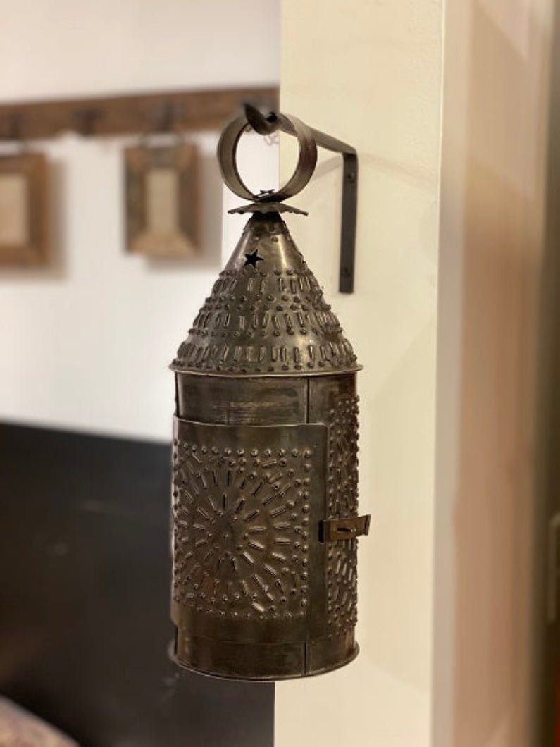 Primitive Early American Paul Revere Black Punch Tin Lantern 14” Taper Holder - The Primitive Pineapple Collection