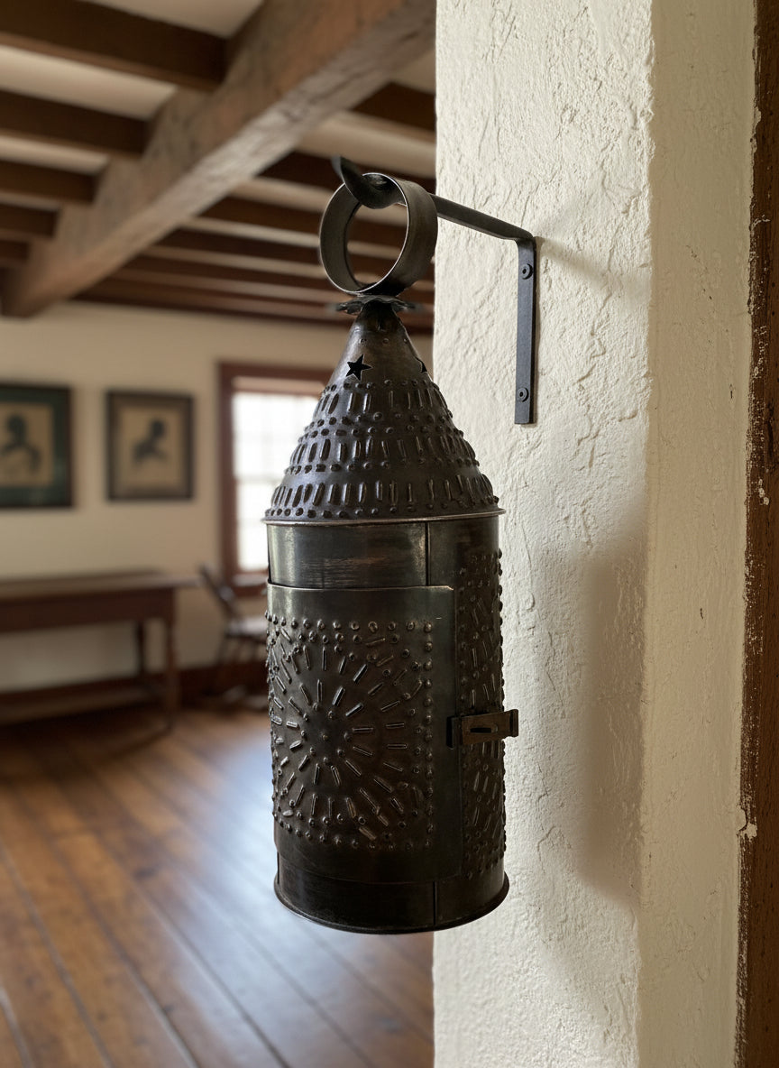 Primitive Early American Paul Revere Black Punch Tin Lantern 14” Taper Holder - The Primitive Pineapple Collection