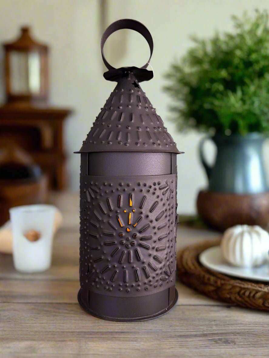 Primitive Early American Paul Revere Black Punch Tin Lantern 14” Taper Holder - The Primitive Pineapple Collection