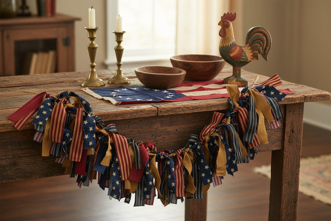 Primitive Spring Primitive Americana Rag Strip Americana Garland 33" - The Primitive Pineapple Collection
