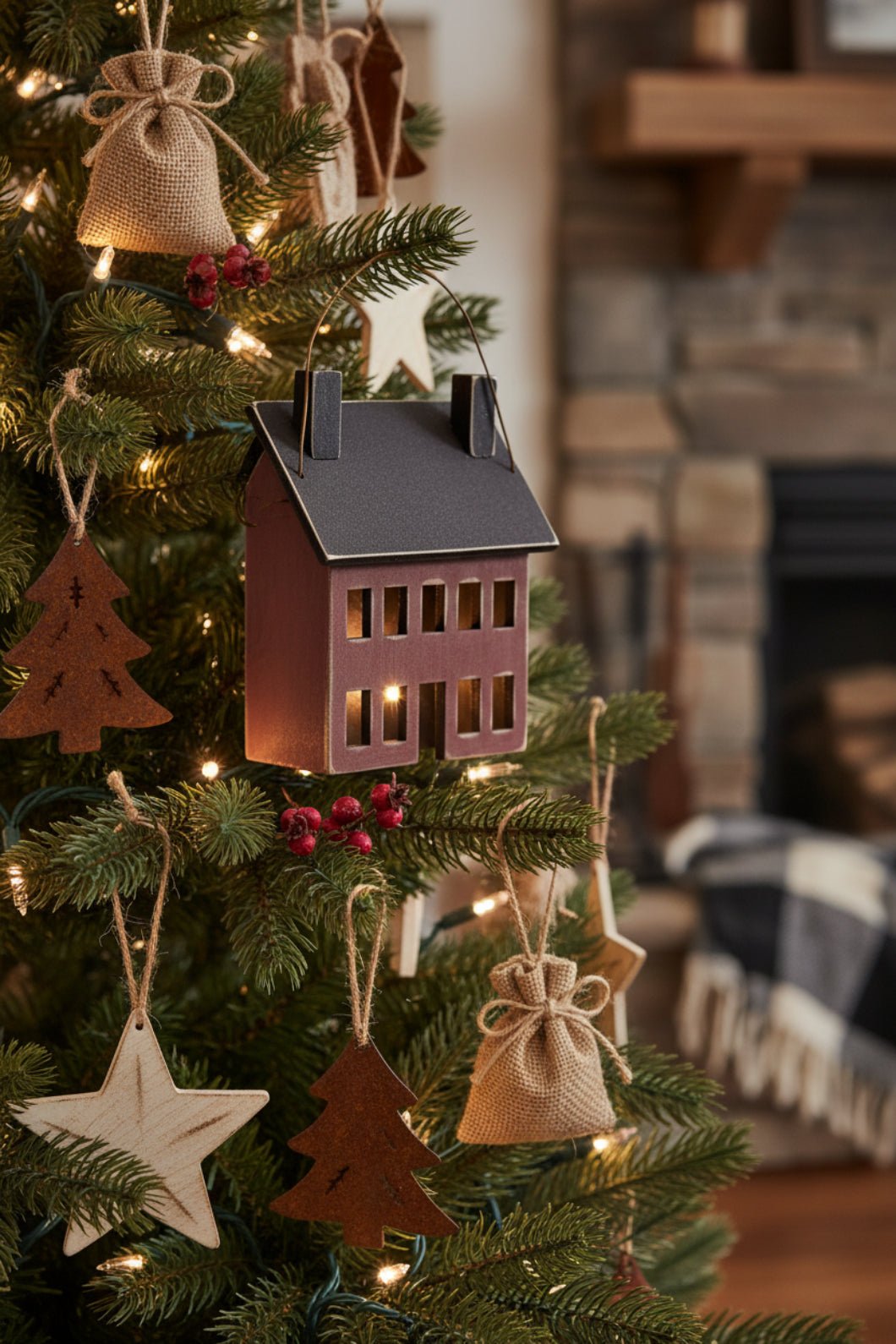 Primitive Wood Burgundy Saltbox House Ornament - 4.5" - The Primitive Pineapple Collection