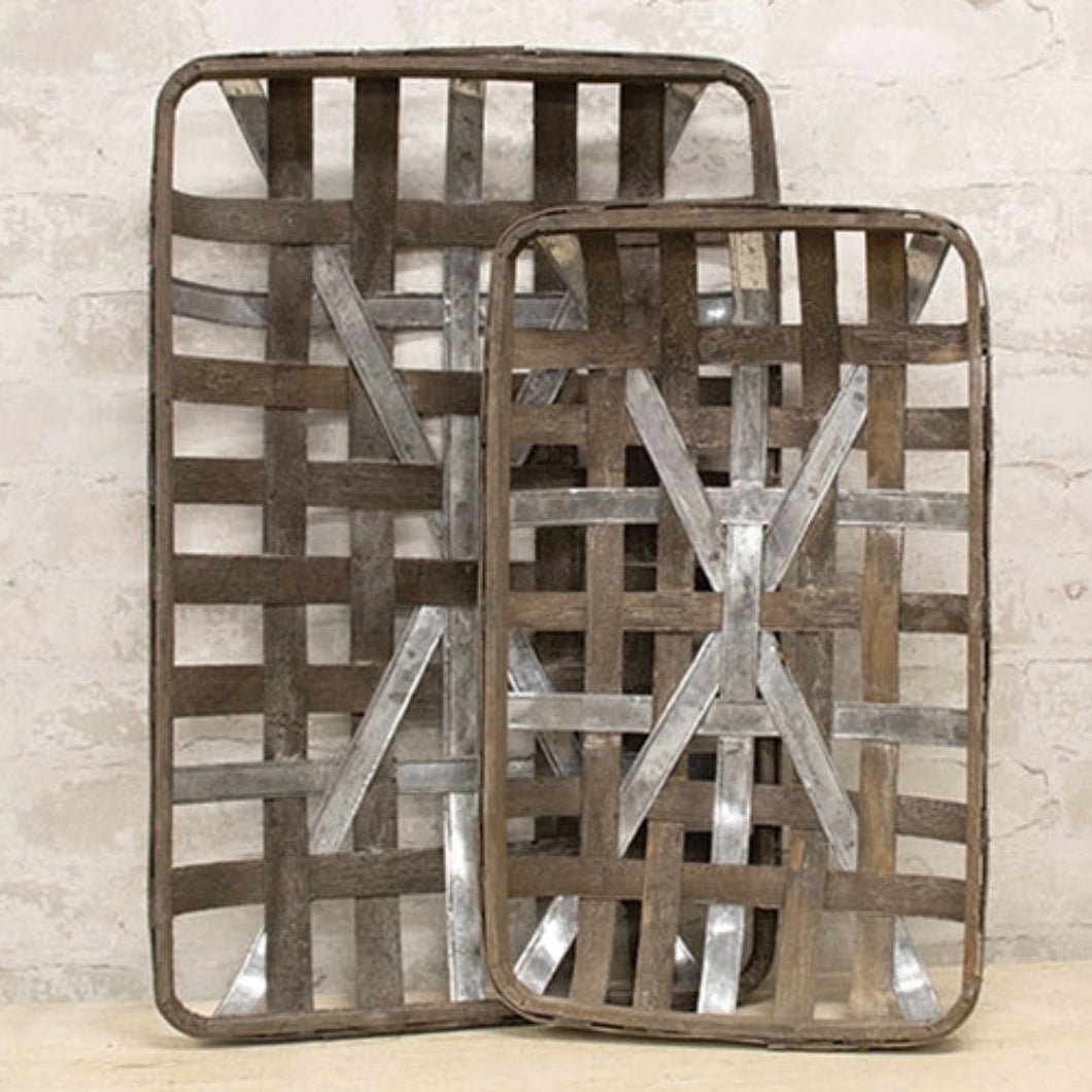 Vintage Rustic Farmhouse Gray Wash Rectangle Tobacco Baskets w/Metal Strips - The Primitive Pineapple Collection