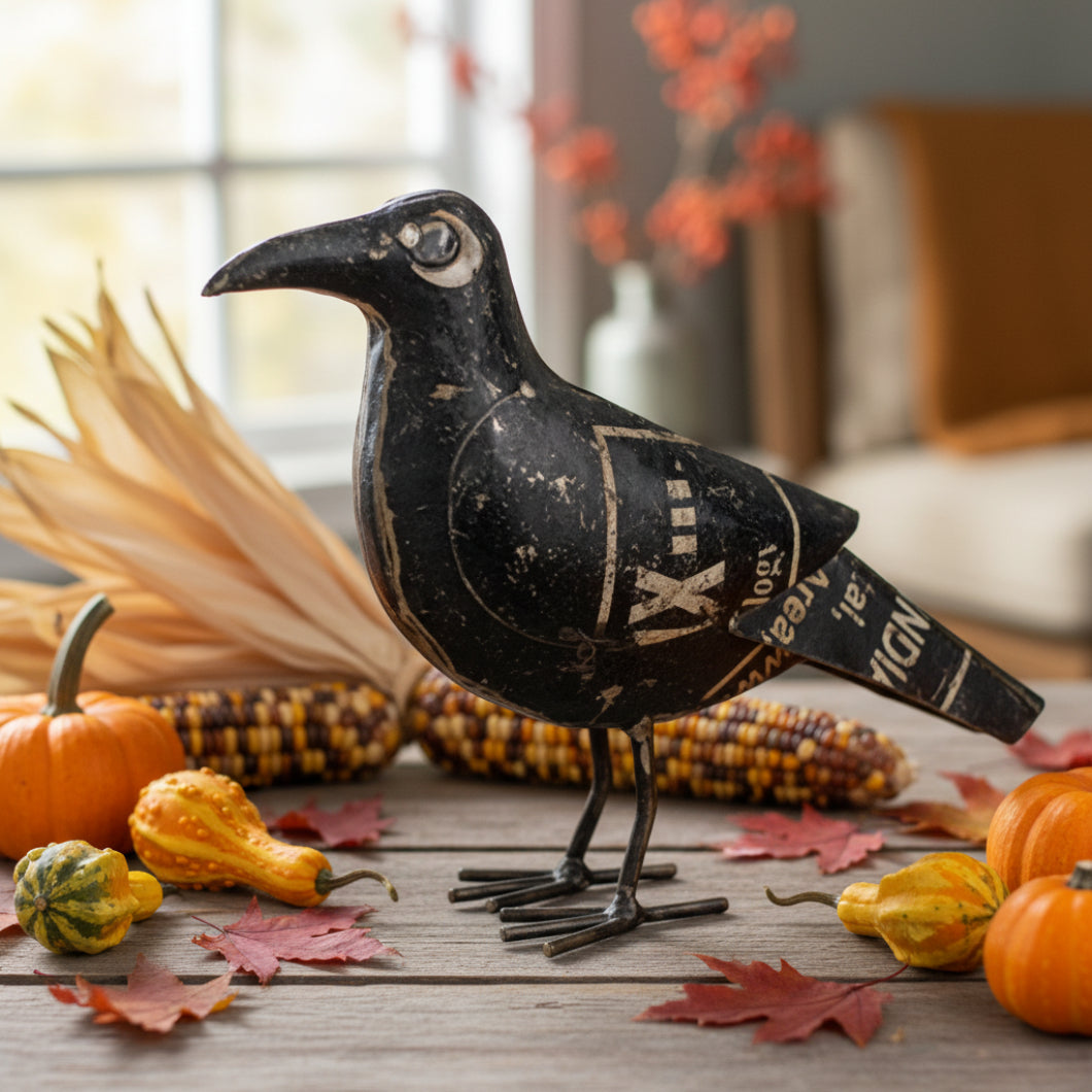 Primitive Halloween Fall Recycled Metal Black Crow 9" - The Primitive Pineapple Collection