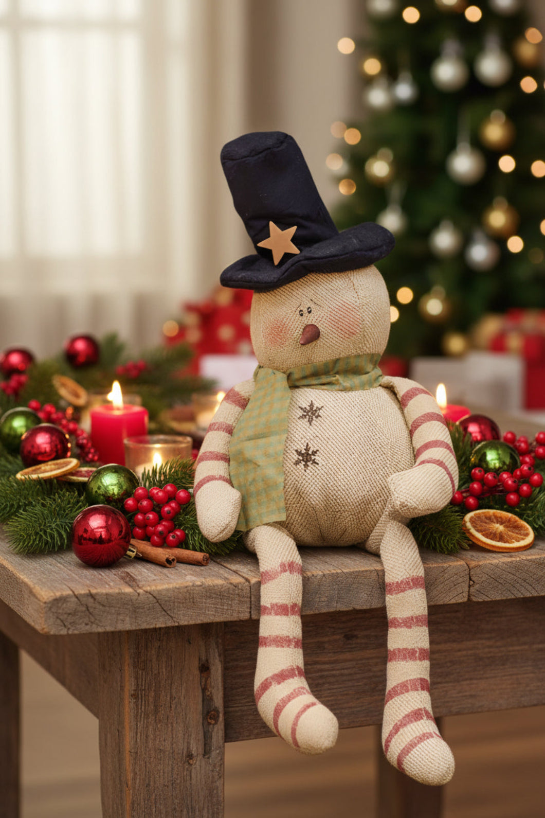 Primitive Christmas 15" Candy Cane Burlap Snowman with Top Hat - The Primitive Pineapple Collection