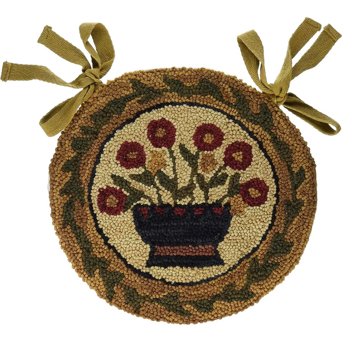 Primitive Farmhouse Flower Basket Folk Art Hooked Chair Pad 14.5" - The Primitive Pineapple Collection