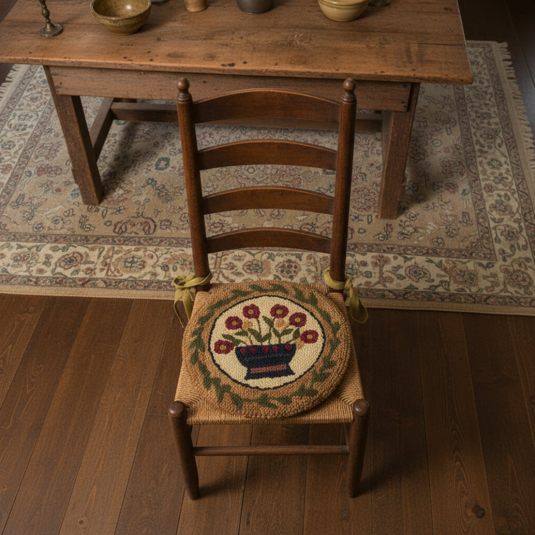 Primitive Farmhouse Flower Basket Folk Art Hooked Chair Pad 14.5" - The Primitive Pineapple Collection
